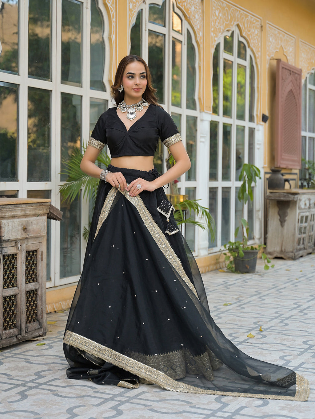 Noe Velarro Black Solid Organza Lehenga with Choli and Dupatta