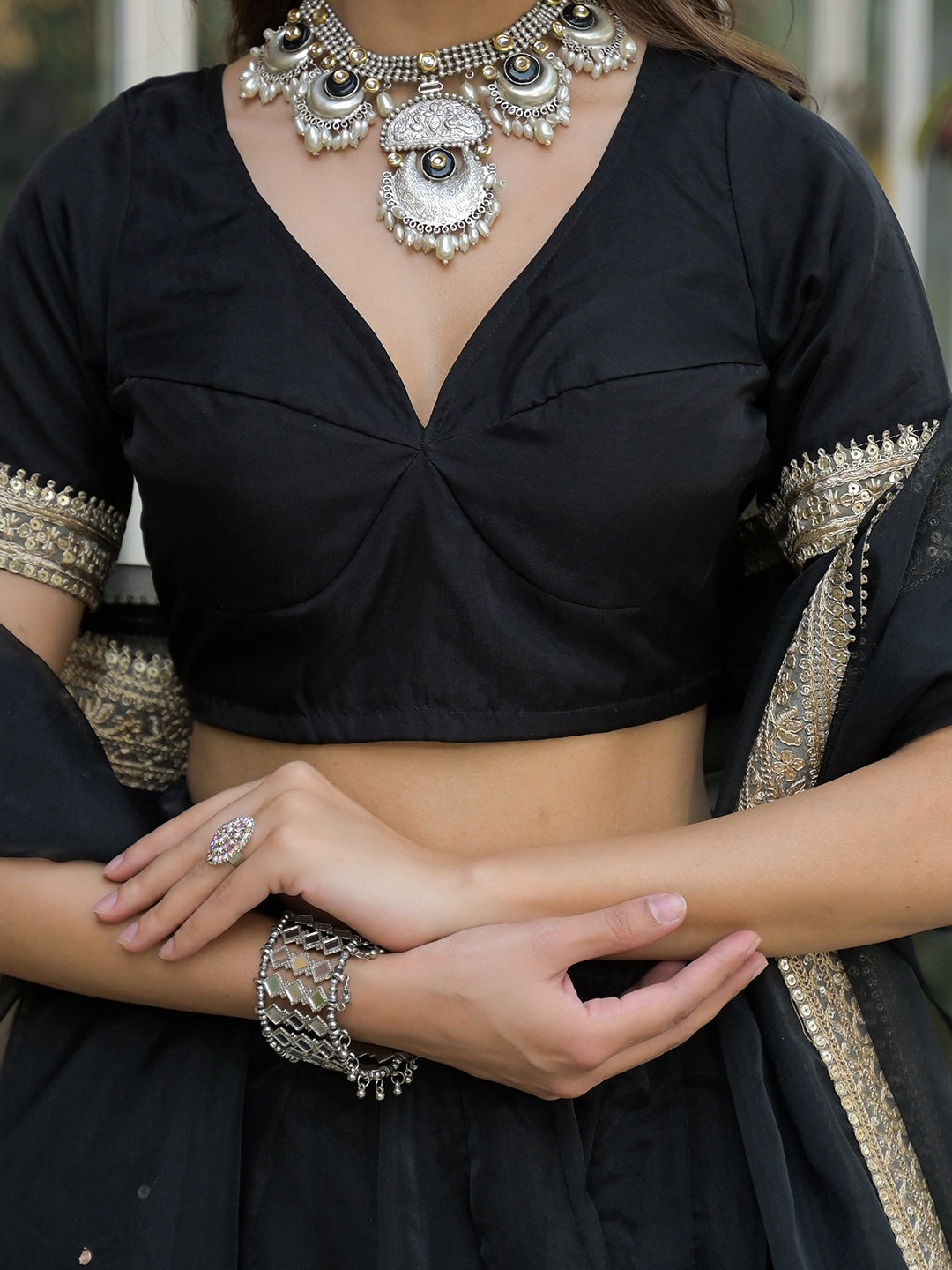 Noe Velarro Black Solid Organza Lehenga with Choli and Dupatta