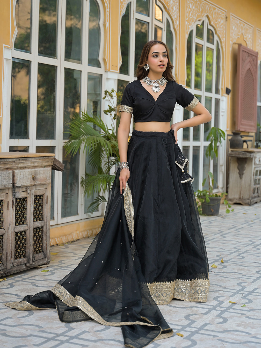 Noe Velarro Black Solid Organza Lehenga with Choli and Dupatta