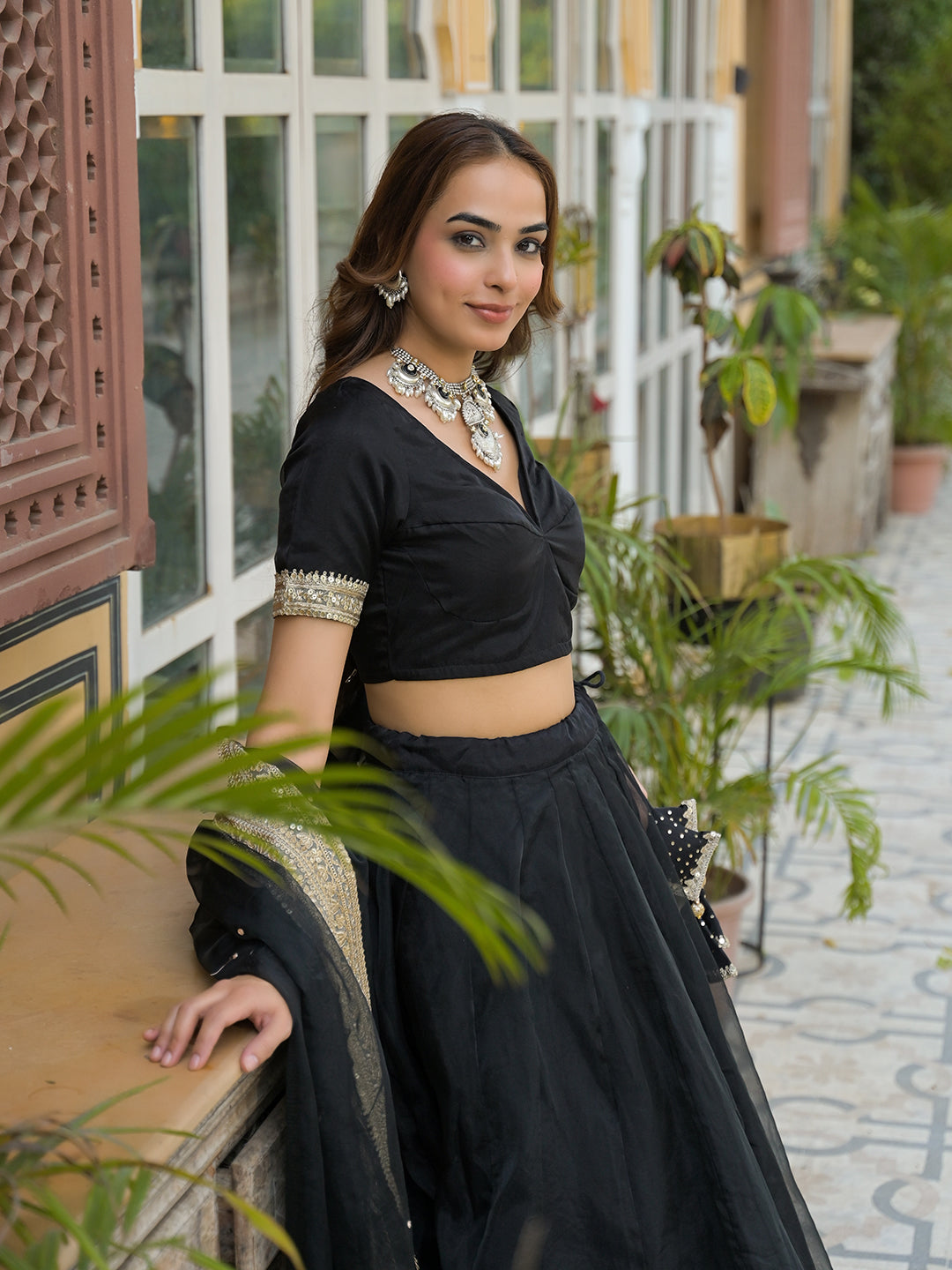 Noe Velarro Black Solid Organza Lehenga with Choli and Dupatta