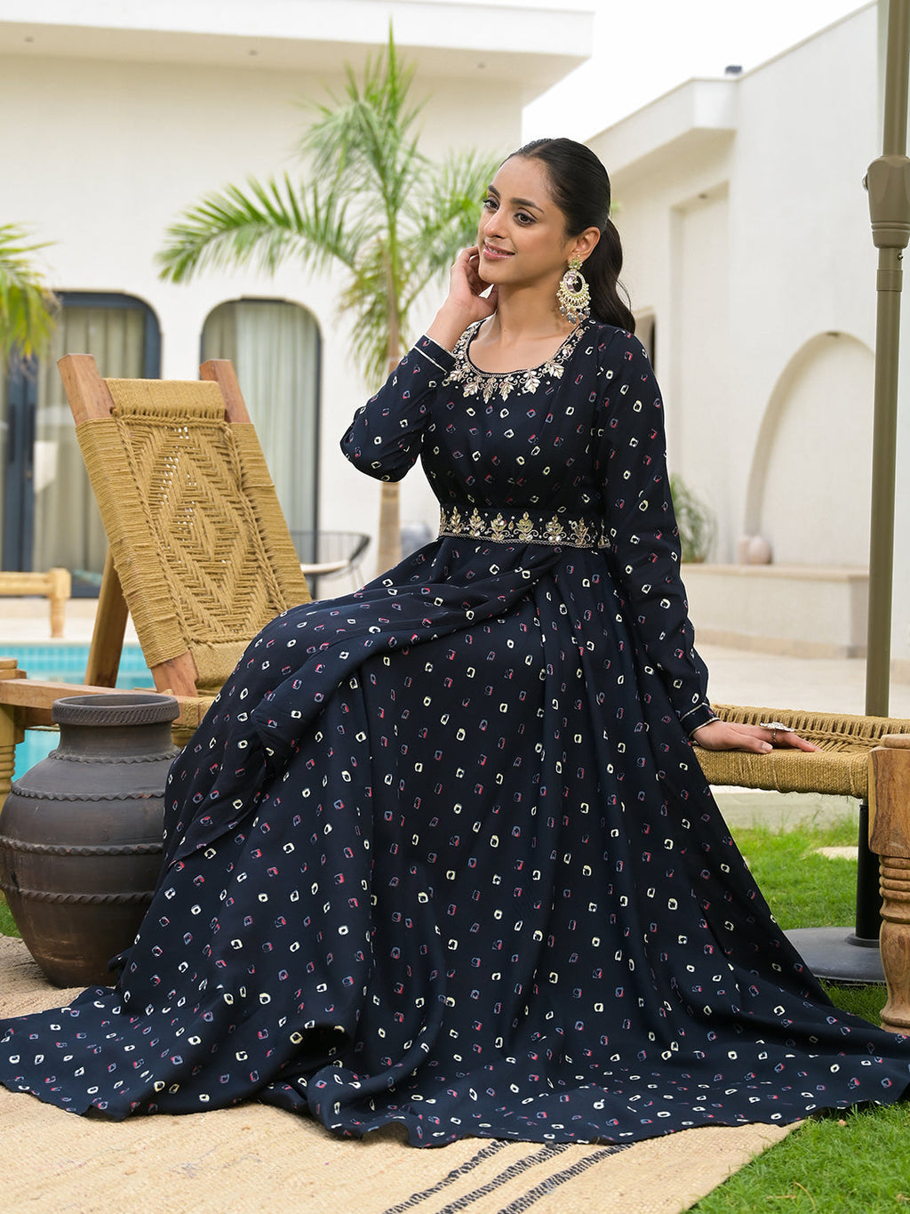 Noe Velarro Navy Blue Bandhani Print Flared Long Dress with Belt