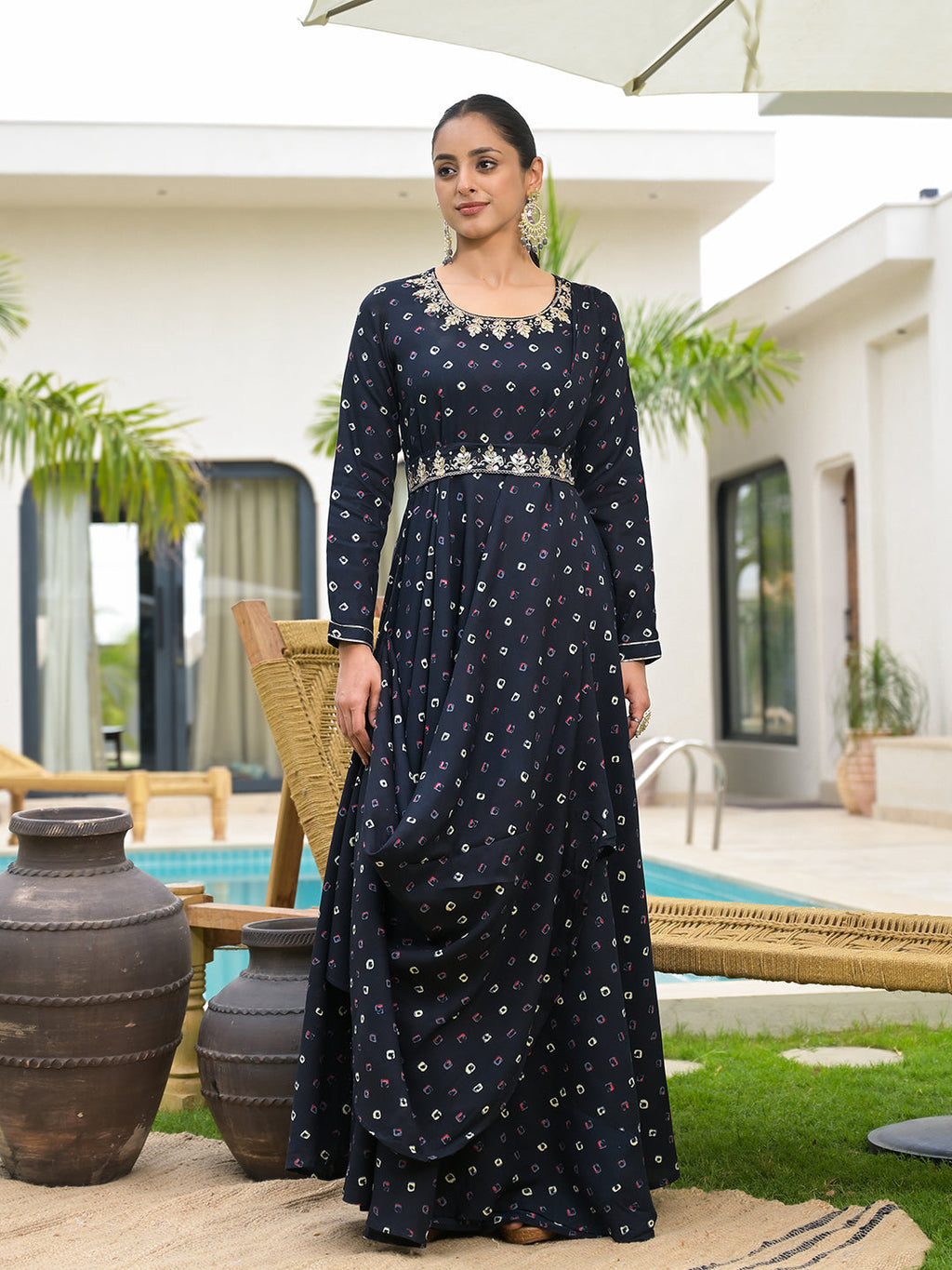Noe Velarro Navy Blue Bandhani Print Flared Long Dress with Belt