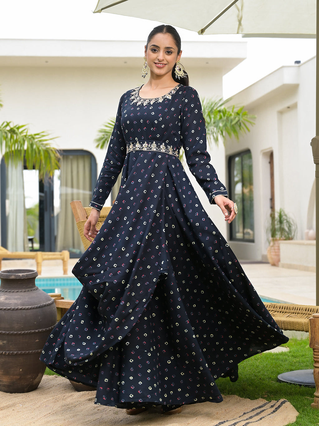 Noe Velarro Navy Blue Bandhani Print Flared Long Dress with Belt