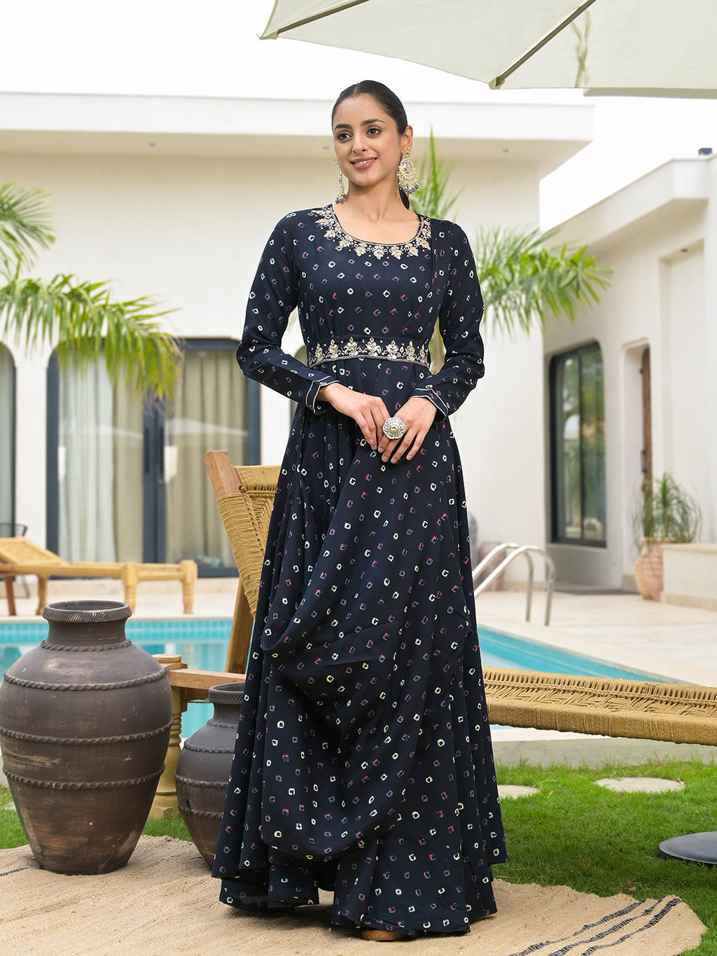 Noe Velarro Navy Blue Bandhani Print Flared Long Dress with Belt