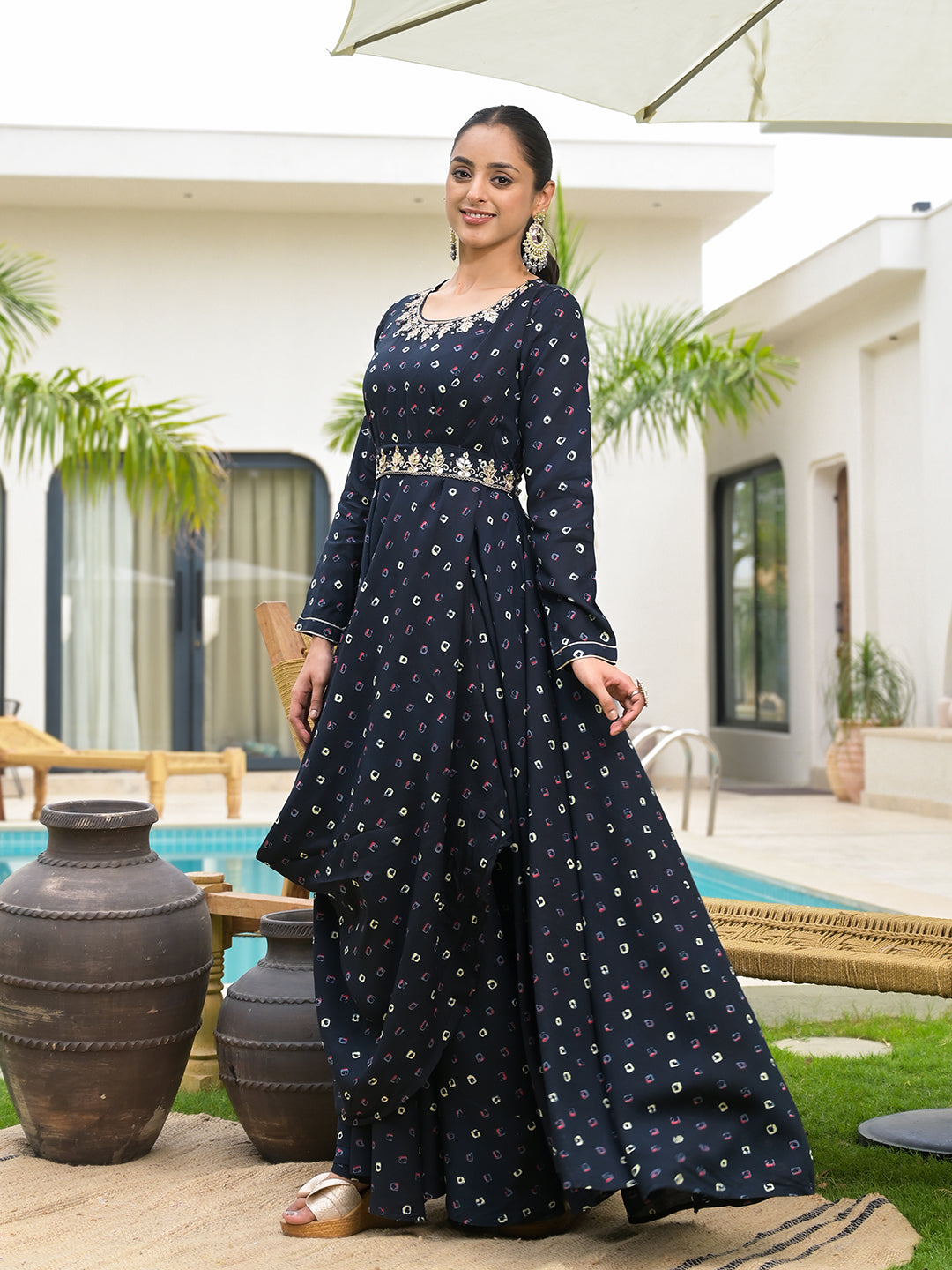 Noe Velarro Navy Blue Bandhani Print Flared Long Dress with Belt