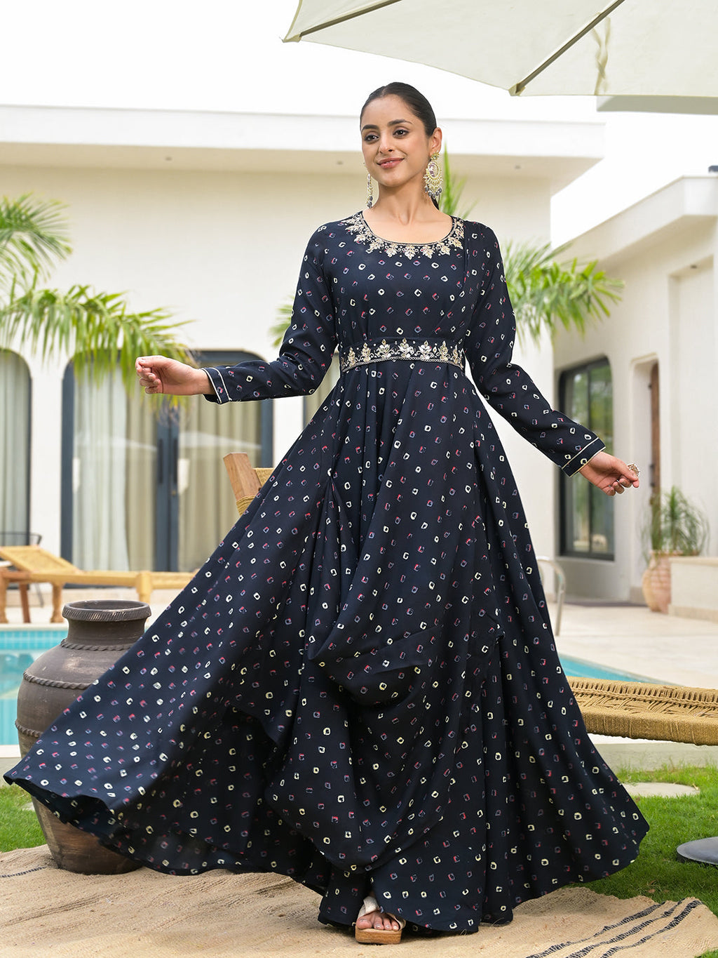 Noe Velarro Navy Blue Bandhani Print Flared Long Dress with Belt