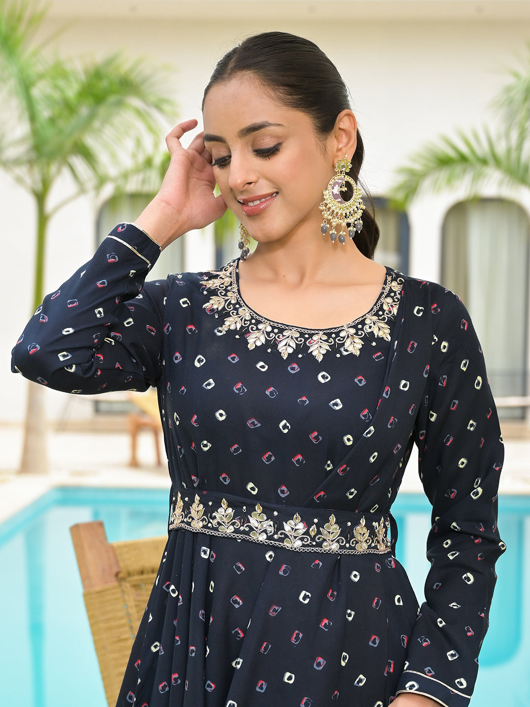 Noe Velarro Navy Blue Bandhani Print Flared Long Dress with Belt