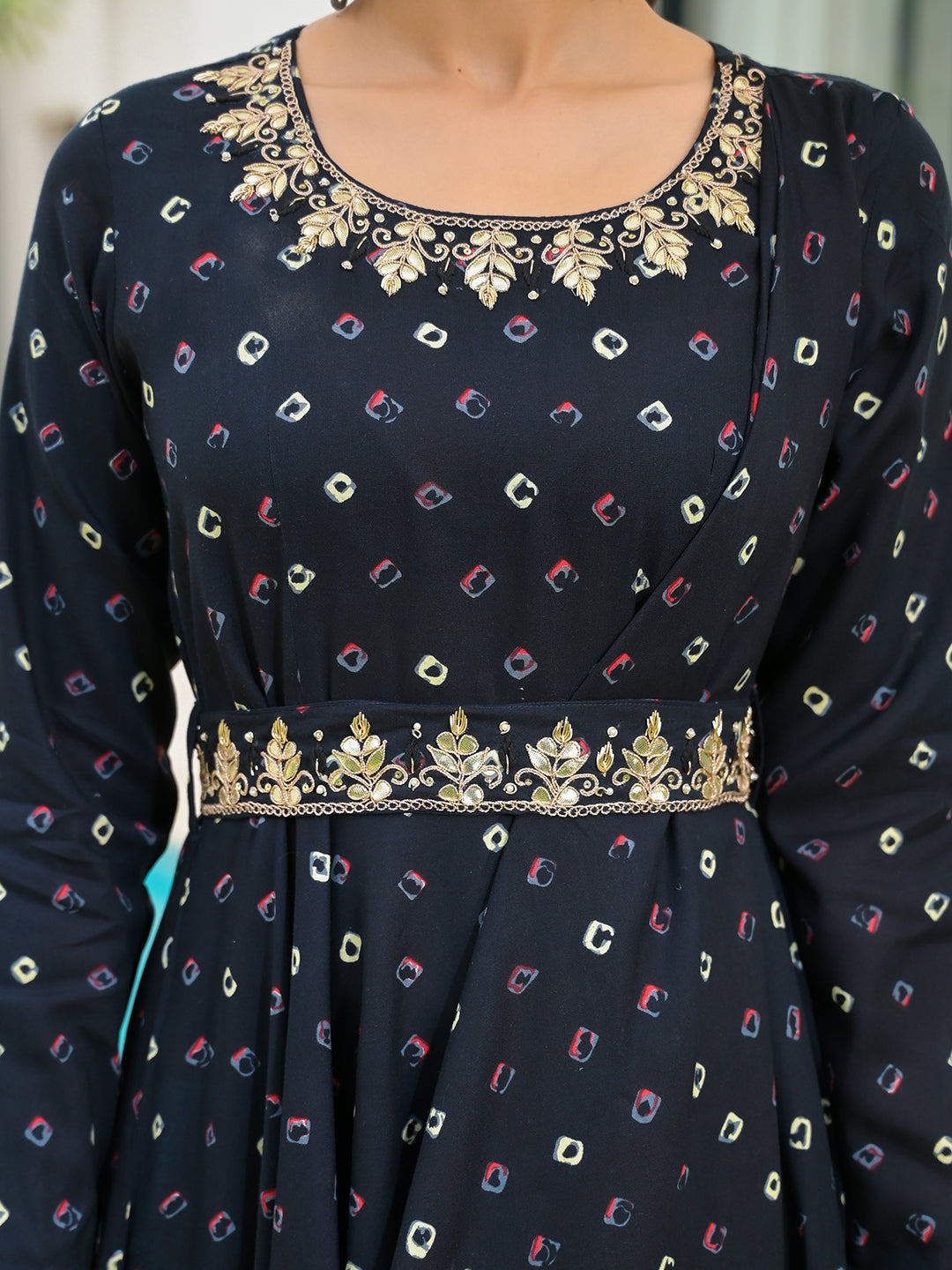 Noe Velarro Navy Blue Bandhani Print Flared Long Dress with Belt