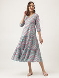 Noe Velarro Sky Blue Floral Printed Cotton Tiered Dress