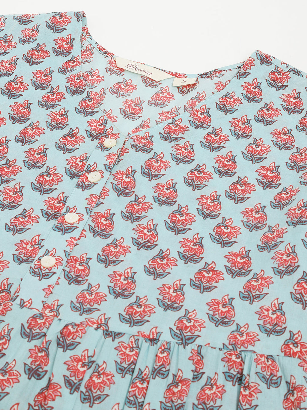 Noe Velarro Sky Blue Floral Printed Cotton Tiered Dress