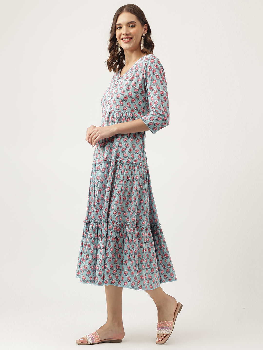 Noe Velarro Sky Blue Floral Printed Cotton Tiered Dress
