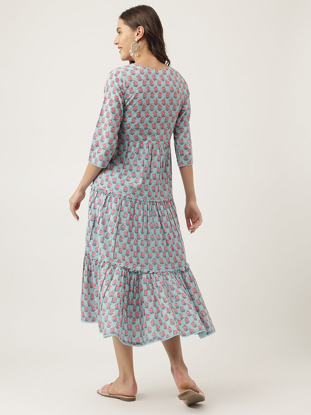 Noe Velarro Sky Blue Floral Printed Cotton Tiered Dress
