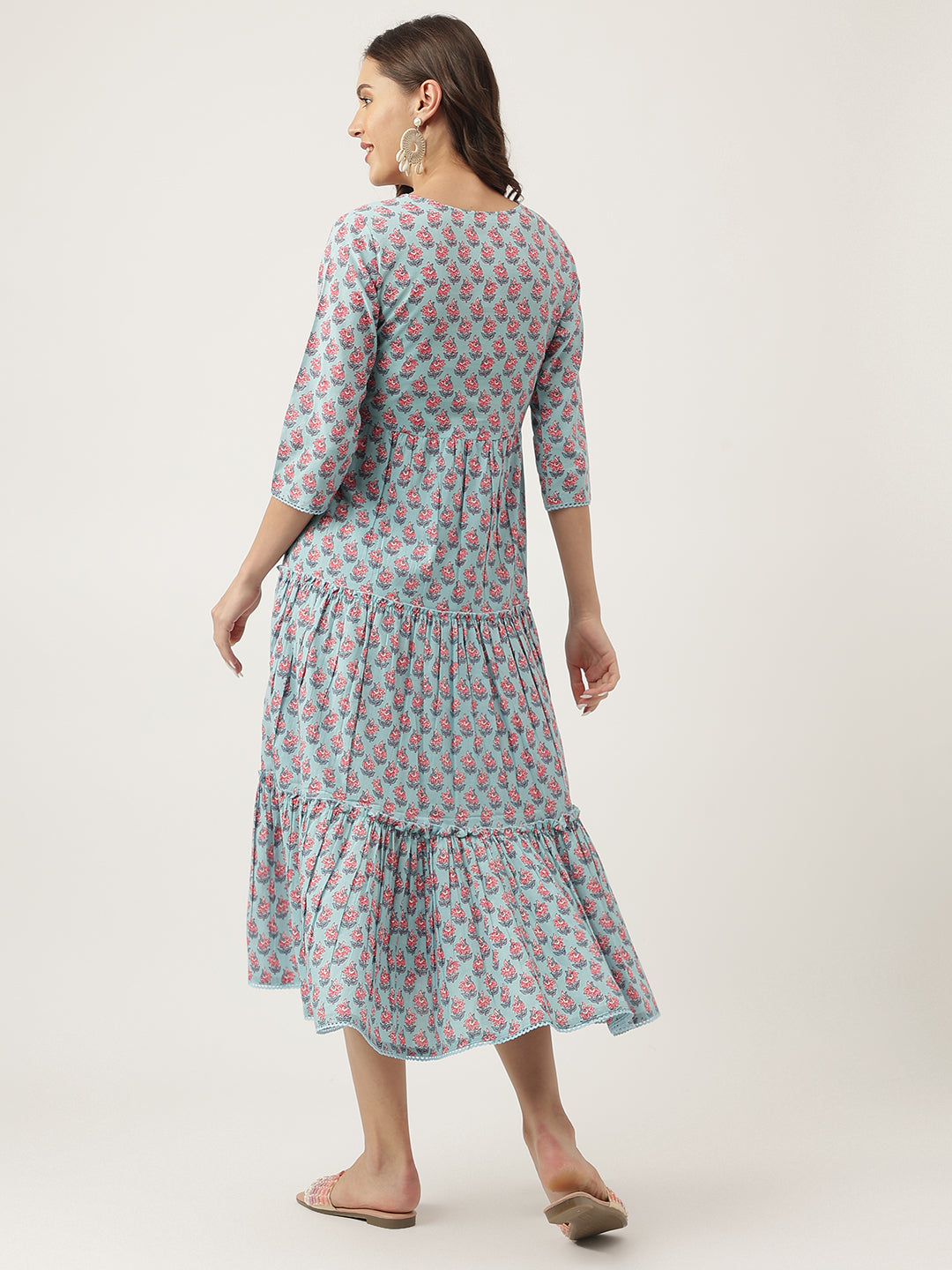 Noe Velarro Sky Blue Floral Printed Cotton Tiered Dress