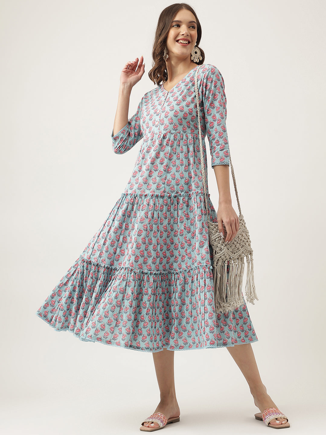 Noe Velarro Sky Blue Floral Printed Cotton Tiered Dress