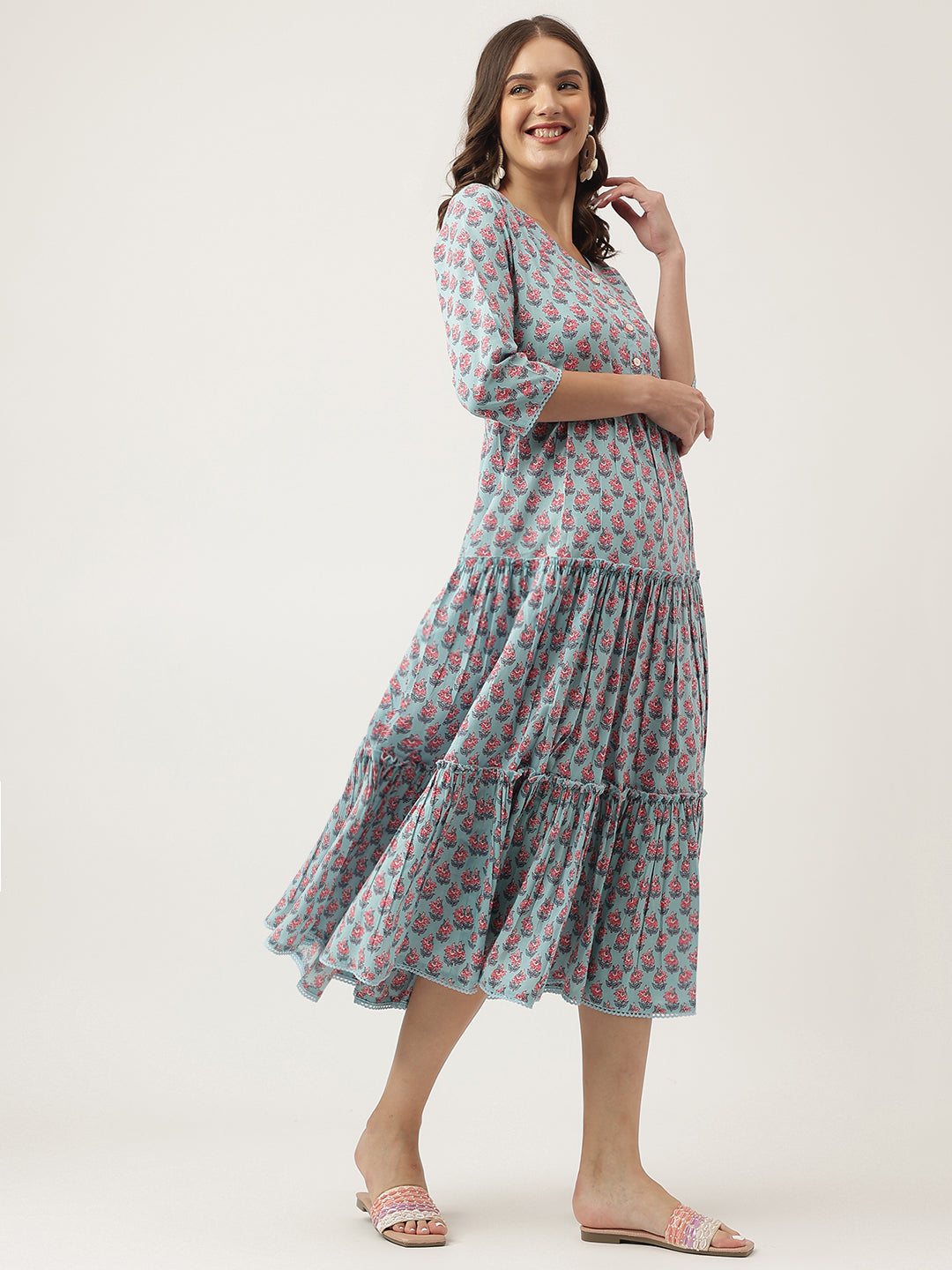 Noe Velarro Sky Blue Floral Printed Cotton Tiered Dress