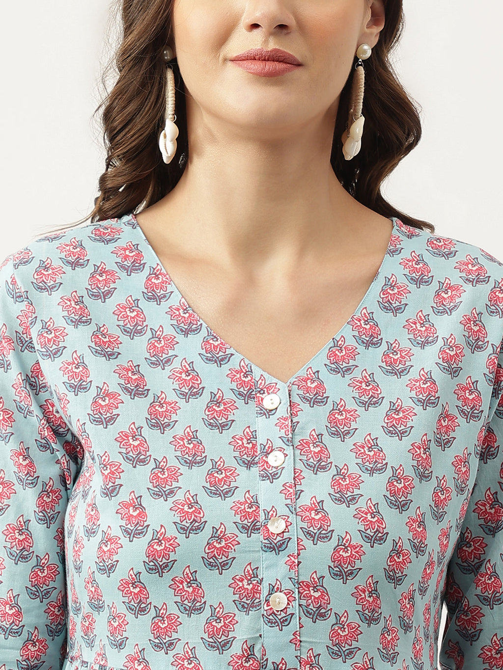 Noe Velarro Sky Blue Floral Printed Cotton Tiered Dress