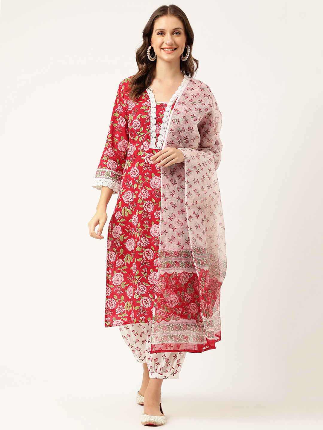 Noe Velarro Floral HandBlock Printed Kurta Trouser & Kota Dori Dupatta Set