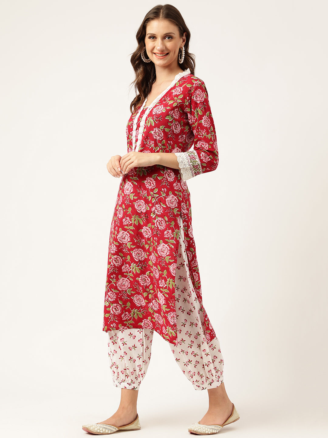 Noe Velarro Floral HandBlock Printed Kurta Trouser & Kota Dori Dupatta Set