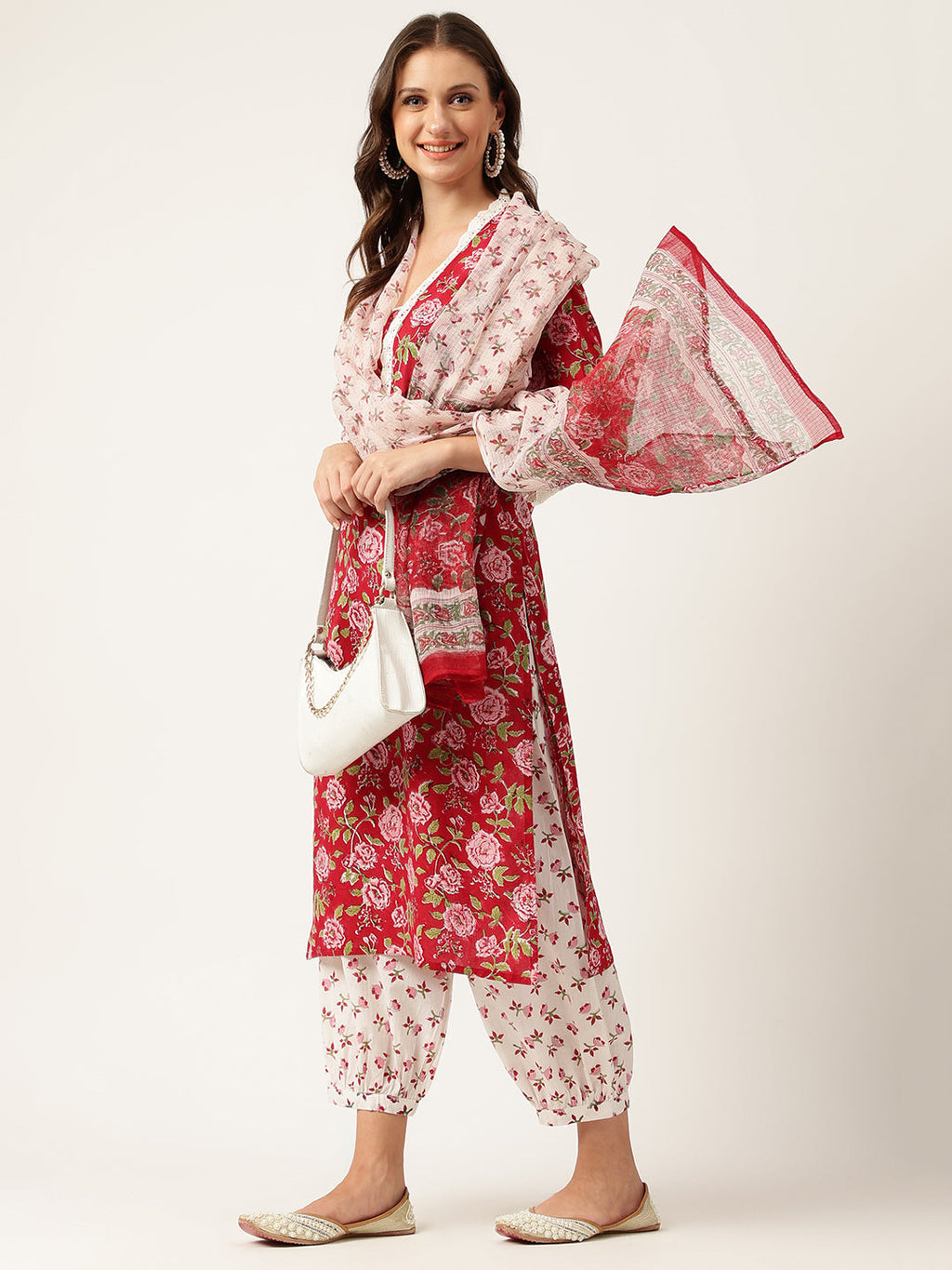 Noe Velarro Floral HandBlock Printed Kurta Trouser & Kota Dori Dupatta Set