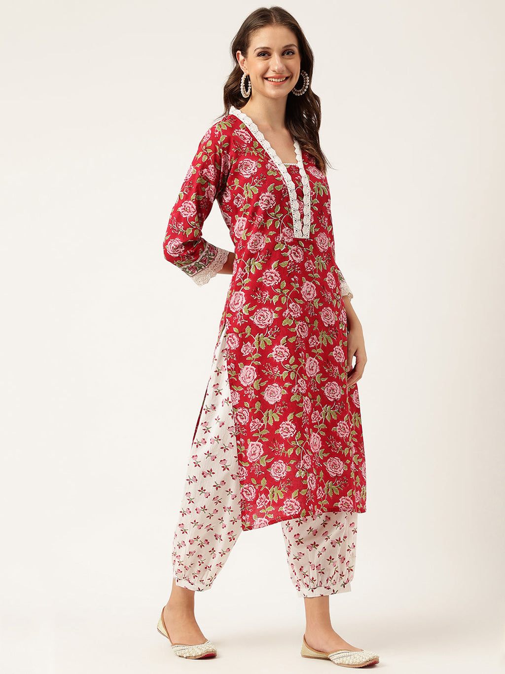 Noe Velarro Floral HandBlock Printed Kurta Trouser & Kota Dori Dupatta Set