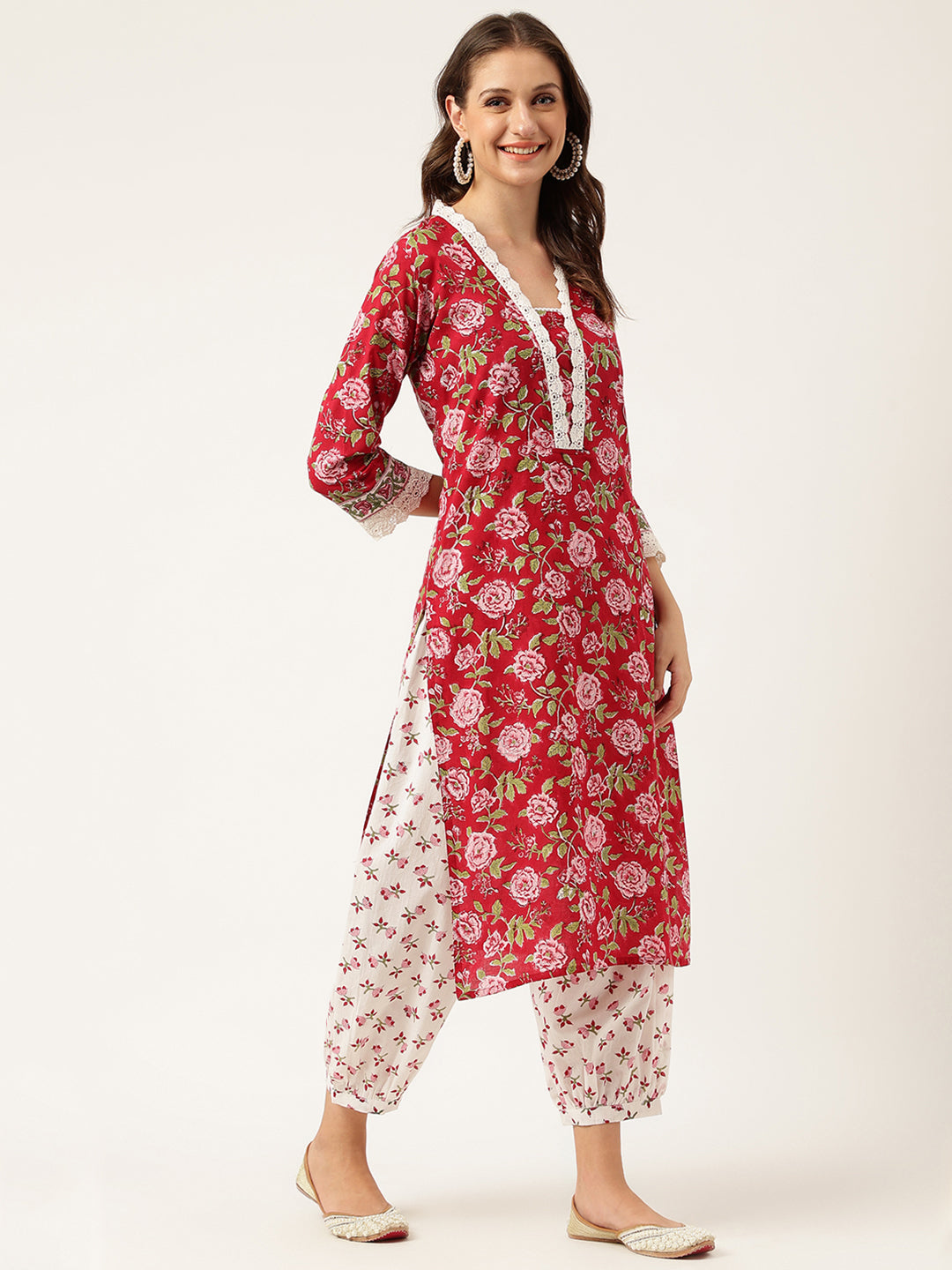 Noe Velarro Floral HandBlock Printed Kurta Trouser & Kota Dori Dupatta Set