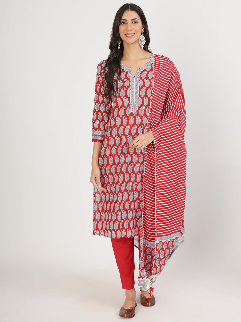 Noe Velarro Maroon Paisley Print Cotton Kurta pants with Dupatta set