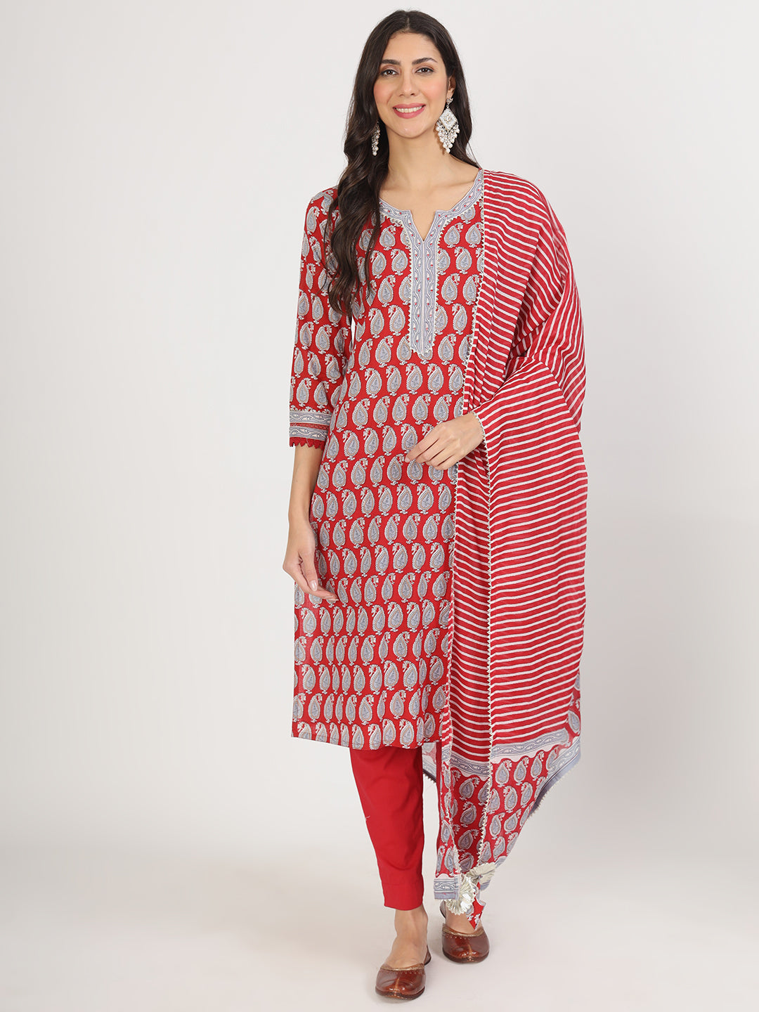 Noe Velarro Maroon Paisley Print Cotton Kurta pants with Dupatta set