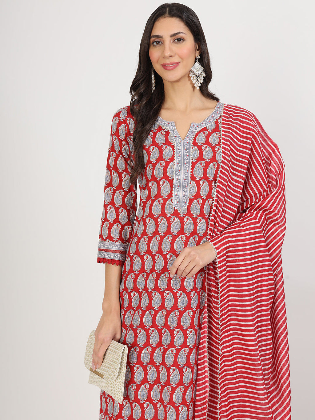 Noe Velarro Maroon Paisley Print Cotton Kurta pants with Dupatta set