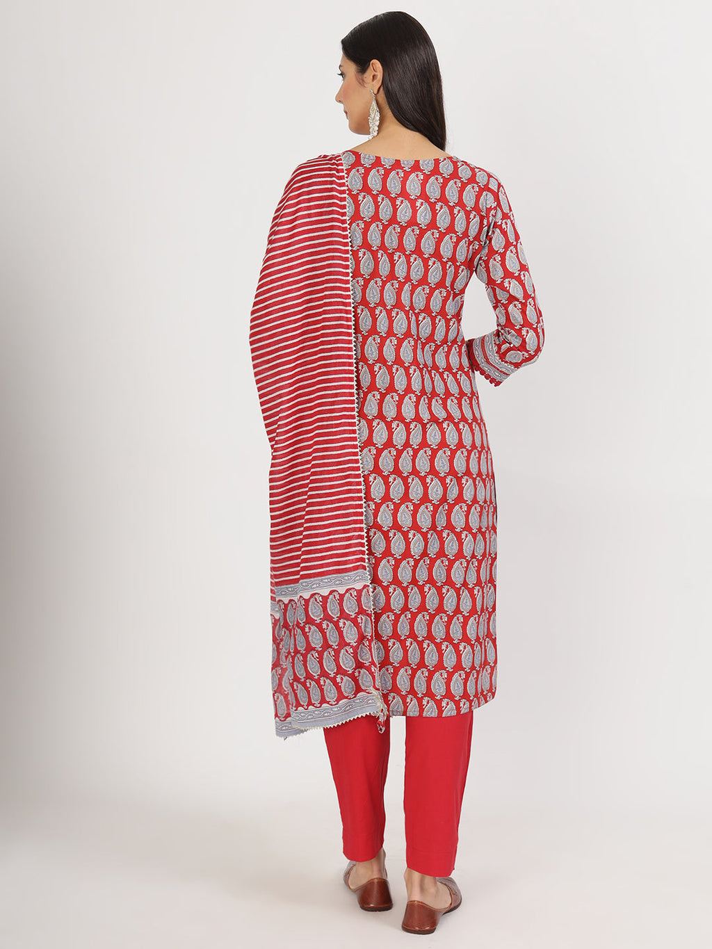 Noe Velarro Maroon Paisley Print Cotton Kurta pants with Dupatta set