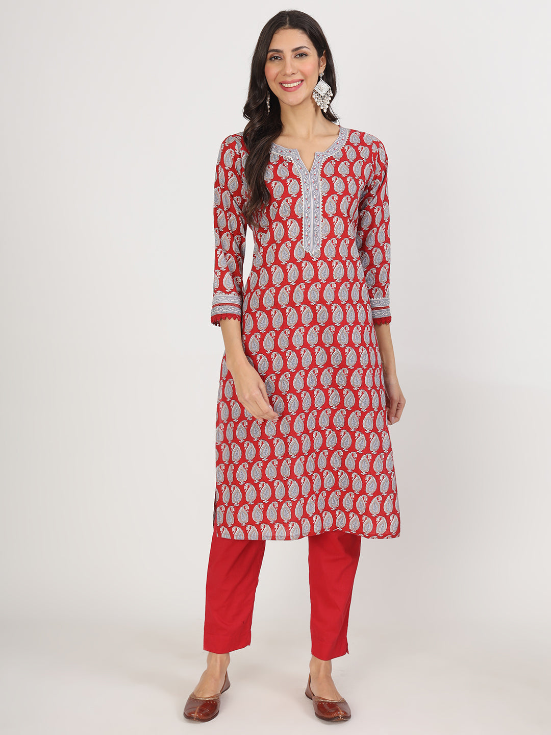 Noe Velarro Maroon Paisley Print Cotton Kurta pants with Dupatta set