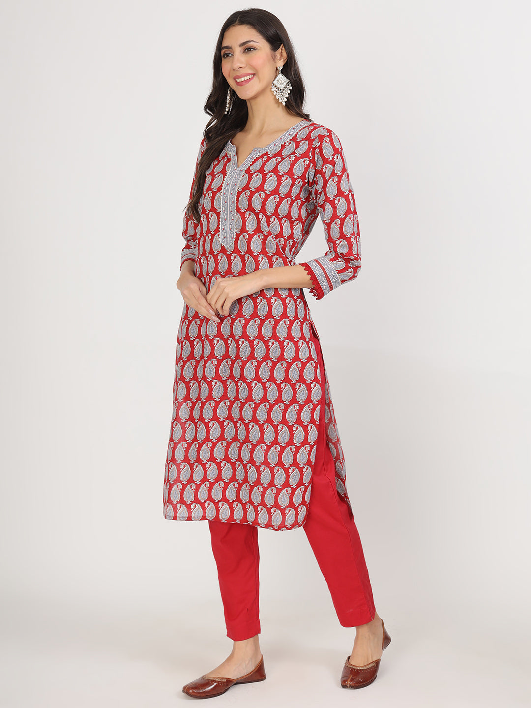 Noe Velarro Maroon Paisley Print Cotton Kurta pants with Dupatta set