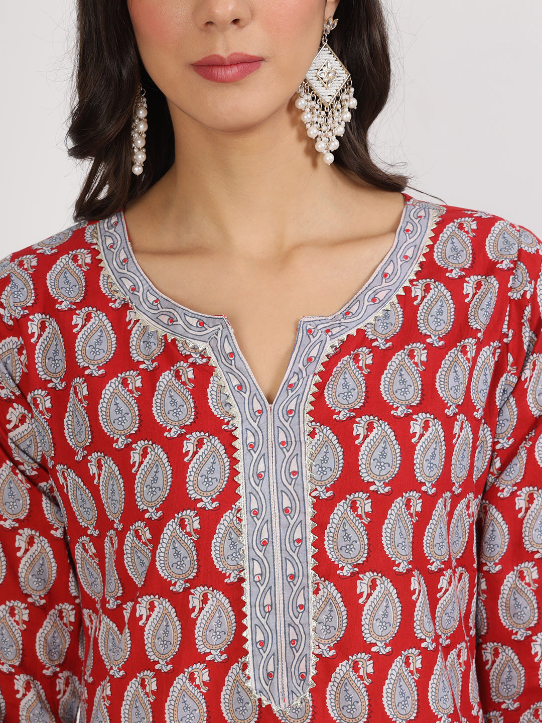Noe Velarro Maroon Paisley Print Cotton Kurta pants with Dupatta set