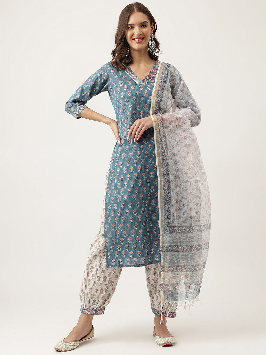 Noe Velarro Blue Floral Printed Cotton Embroidered kurta, Trouser with Dupatta