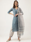 Noe Velarro Blue Floral Printed Cotton Embroidered kurta, Trouser with Dupatta