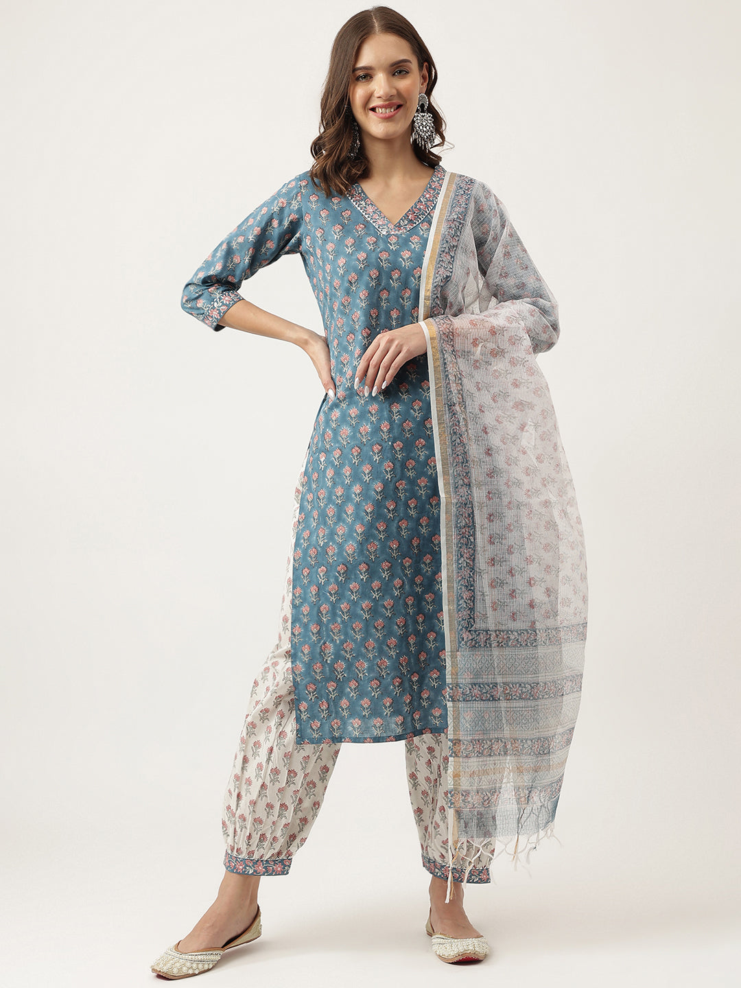 Noe Velarro Blue Floral Printed Cotton Embroidered kurta, Trouser with Dupatta