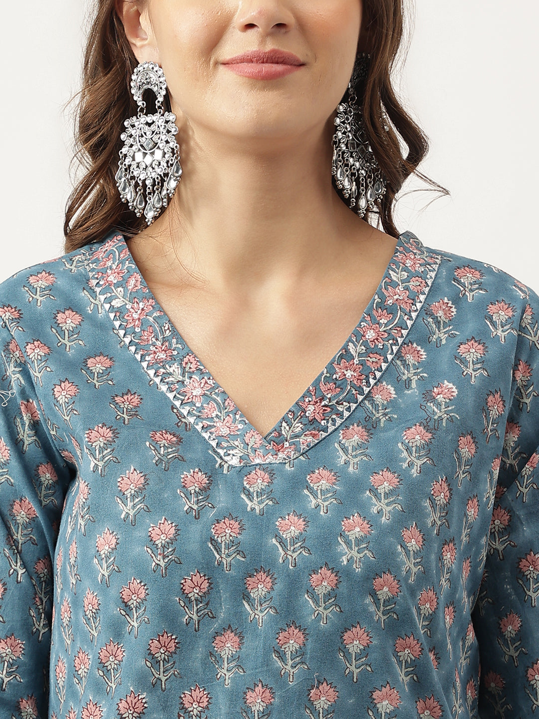 Noe Velarro Blue Floral Printed Cotton Embroidered kurta, Trouser with Dupatta
