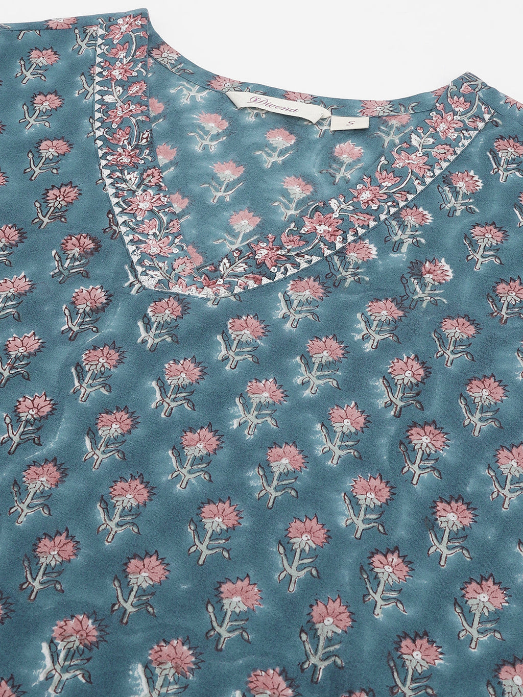 Noe Velarro Blue Floral Printed Cotton Embroidered kurta, Trouser with Dupatta