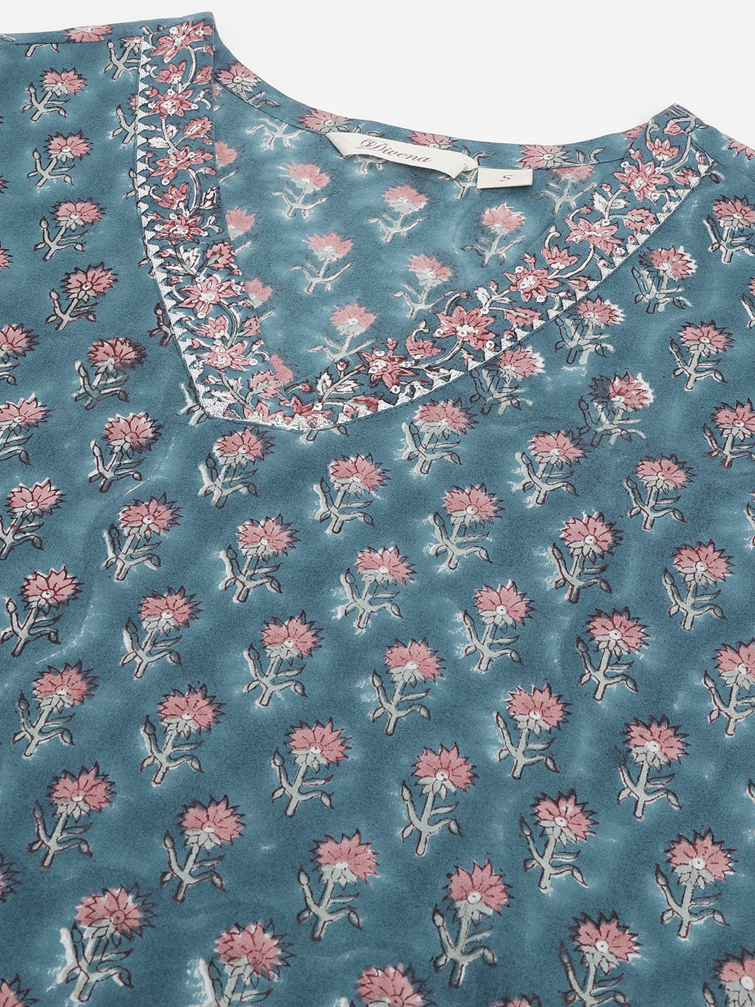 Noe Velarro Blue Floral Printed Cotton Embroidered kurta, Trouser with Dupatta