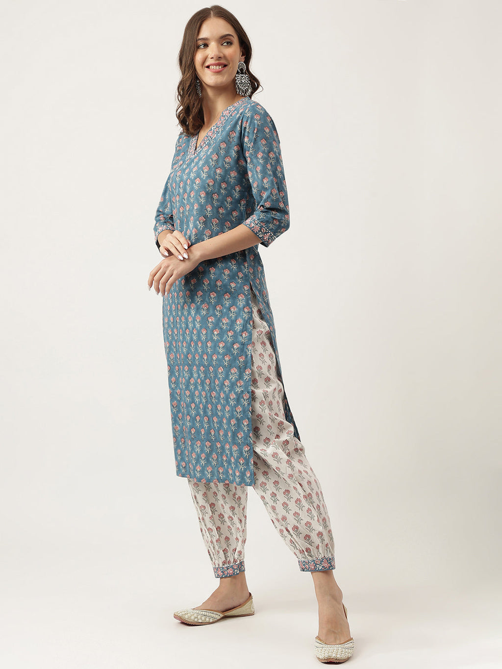 Noe Velarro Blue Floral Printed Cotton Embroidered kurta, Trouser with Dupatta