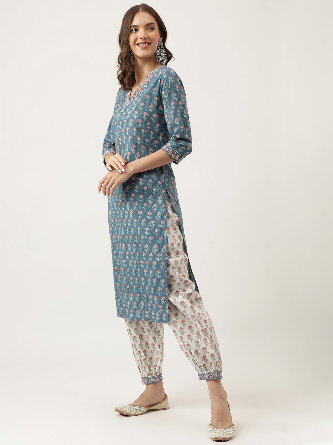 Noe Velarro Blue Floral Printed Cotton Embroidered kurta, Trouser with Dupatta