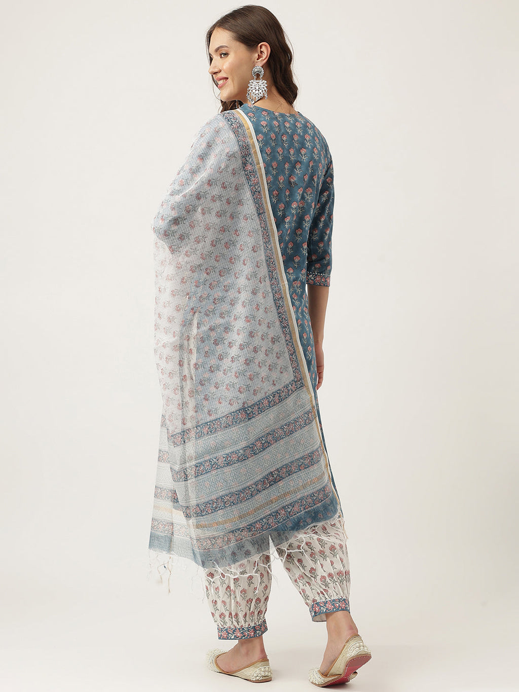 Noe Velarro Blue Floral Printed Cotton Embroidered kurta, Trouser with Dupatta