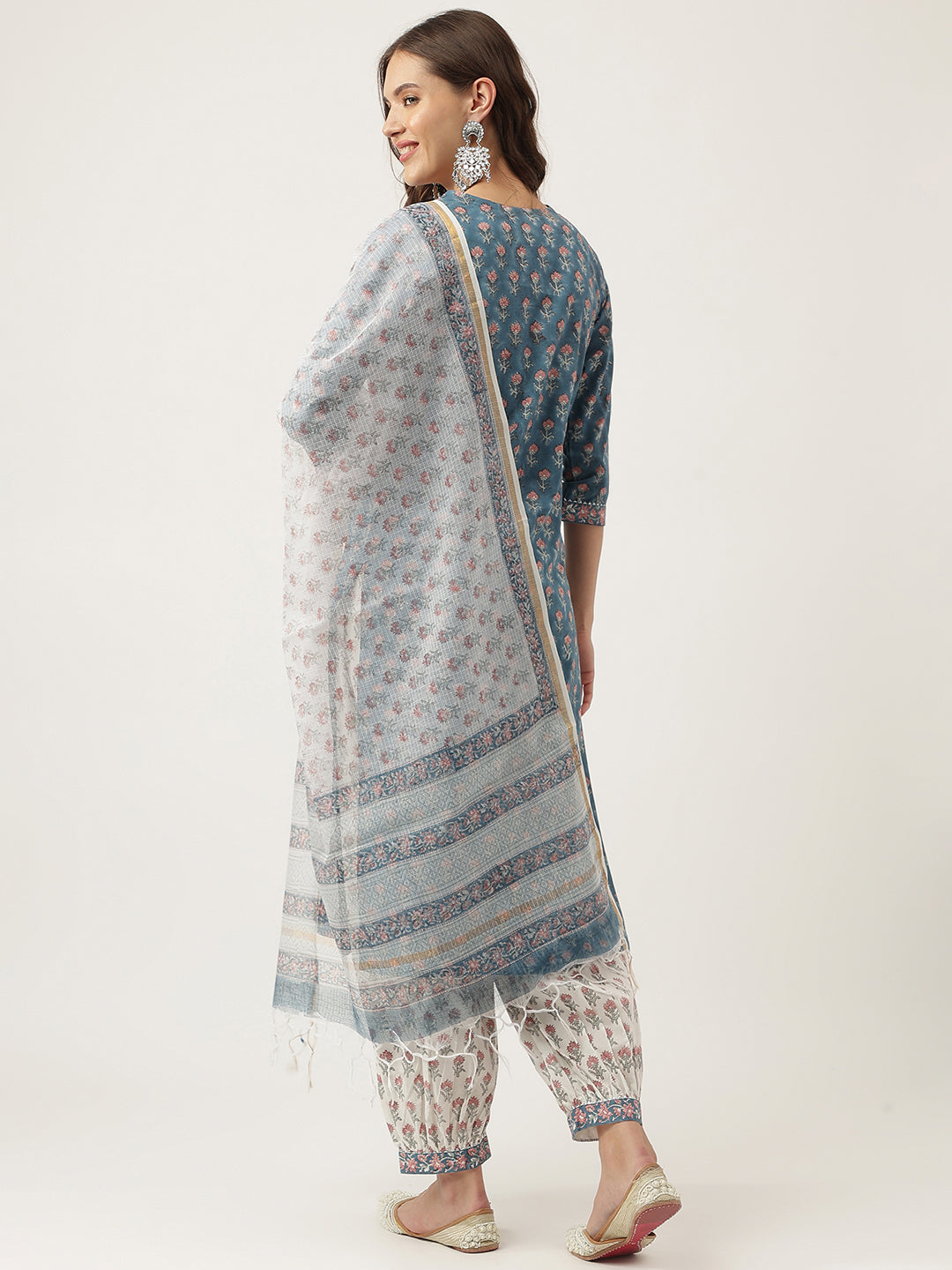 Noe Velarro Blue Floral Printed Cotton Embroidered kurta, Trouser with Dupatta