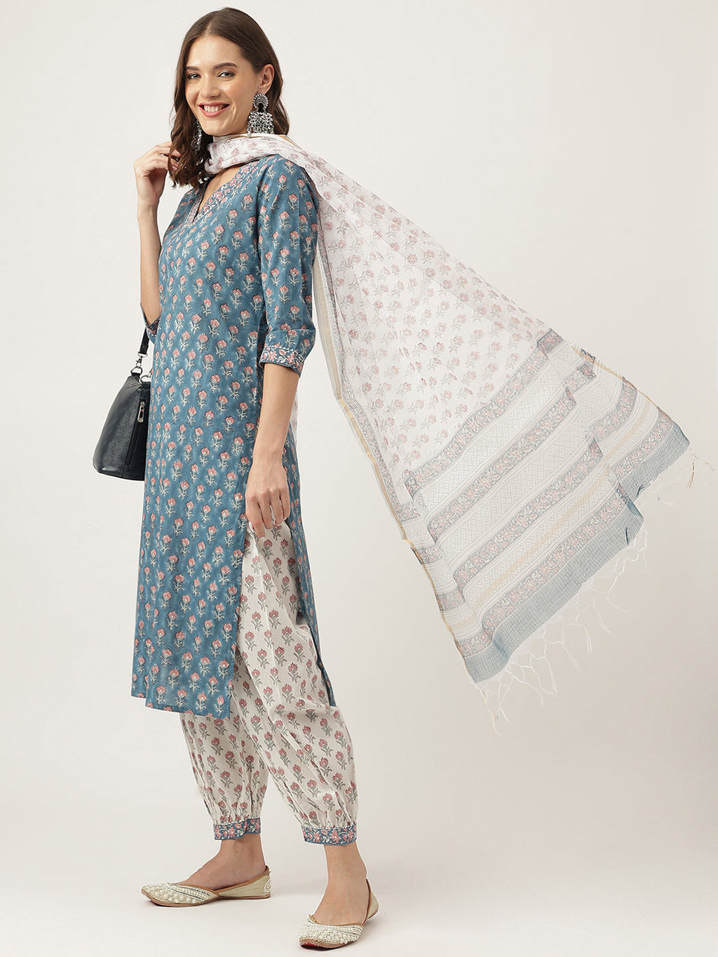 Noe Velarro Blue Floral Printed Cotton Embroidered kurta, Trouser with Dupatta