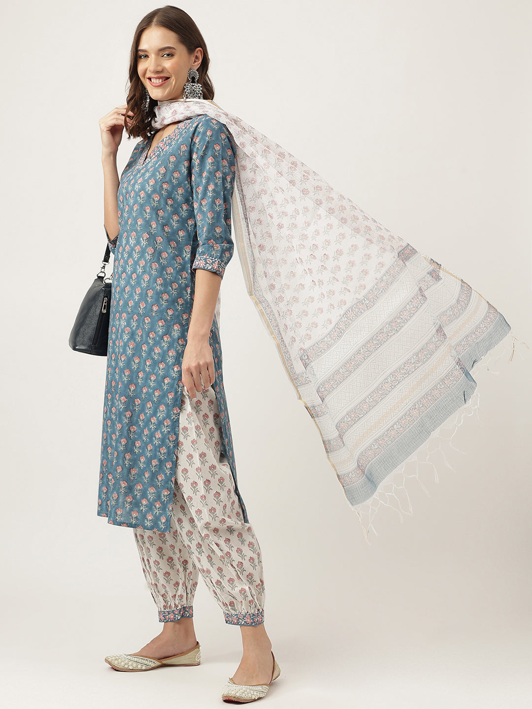 Noe Velarro Blue Floral Printed Cotton Embroidered kurta, Trouser with Dupatta