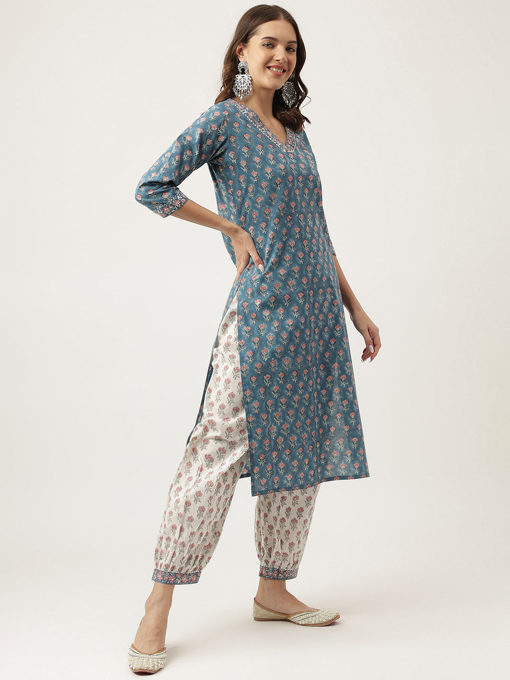 Noe Velarro Blue Floral Printed Cotton Embroidered kurta, Trouser with Dupatta