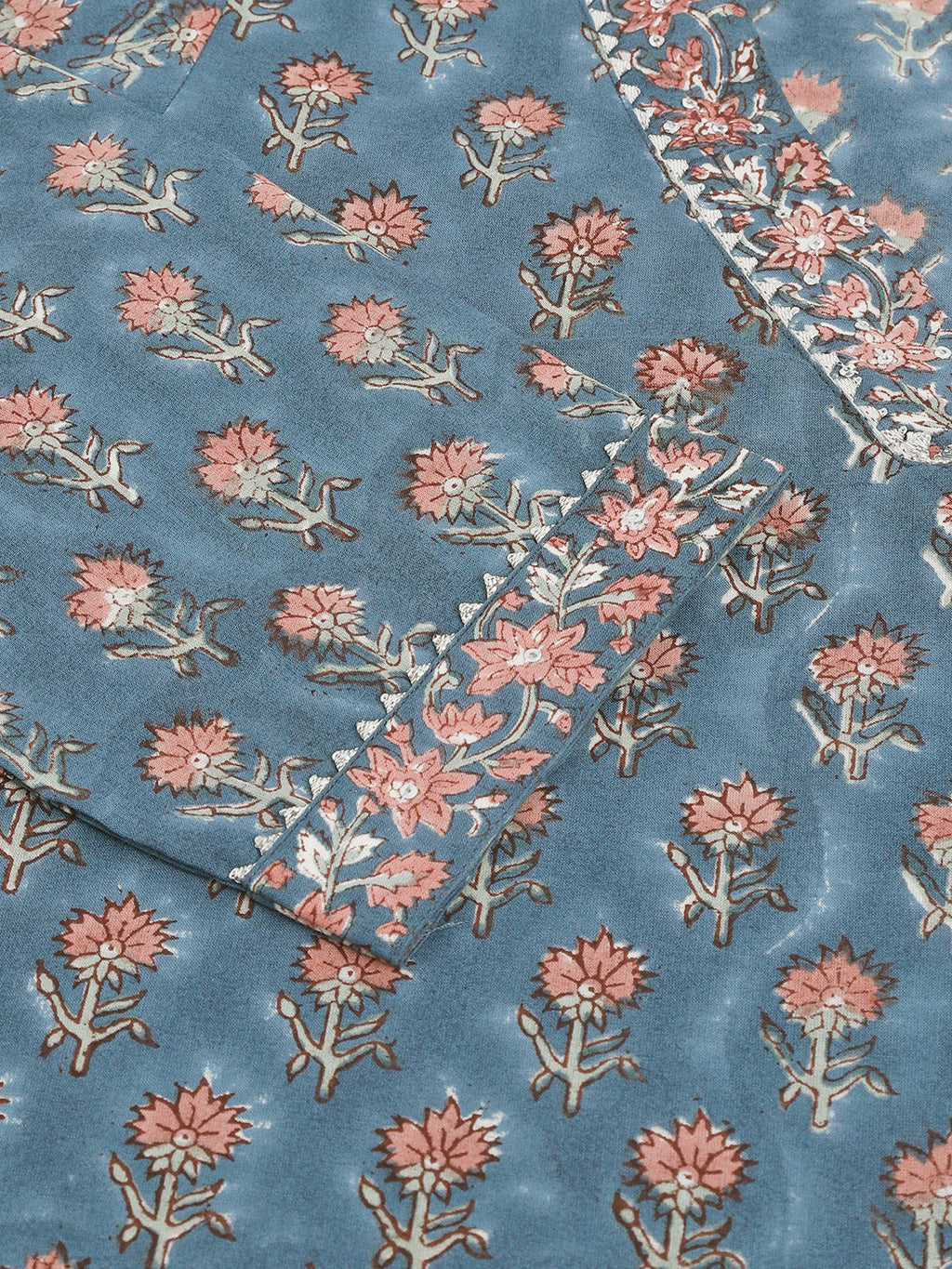 Noe Velarro Blue Floral Printed Cotton Embroidered kurta, Trouser with Dupatta