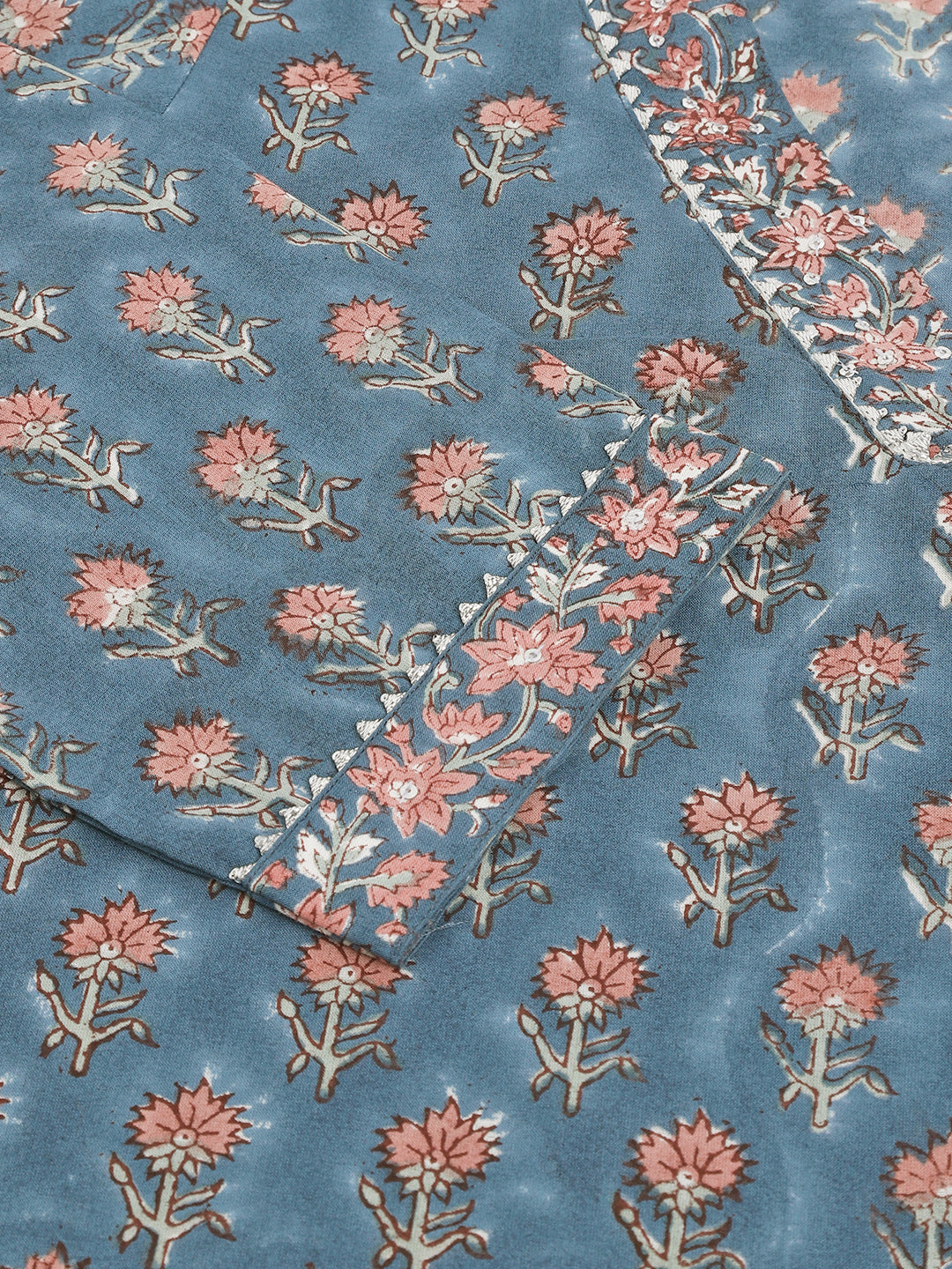Noe Velarro Blue Floral Printed Cotton Embroidered kurta, Trouser with Dupatta
