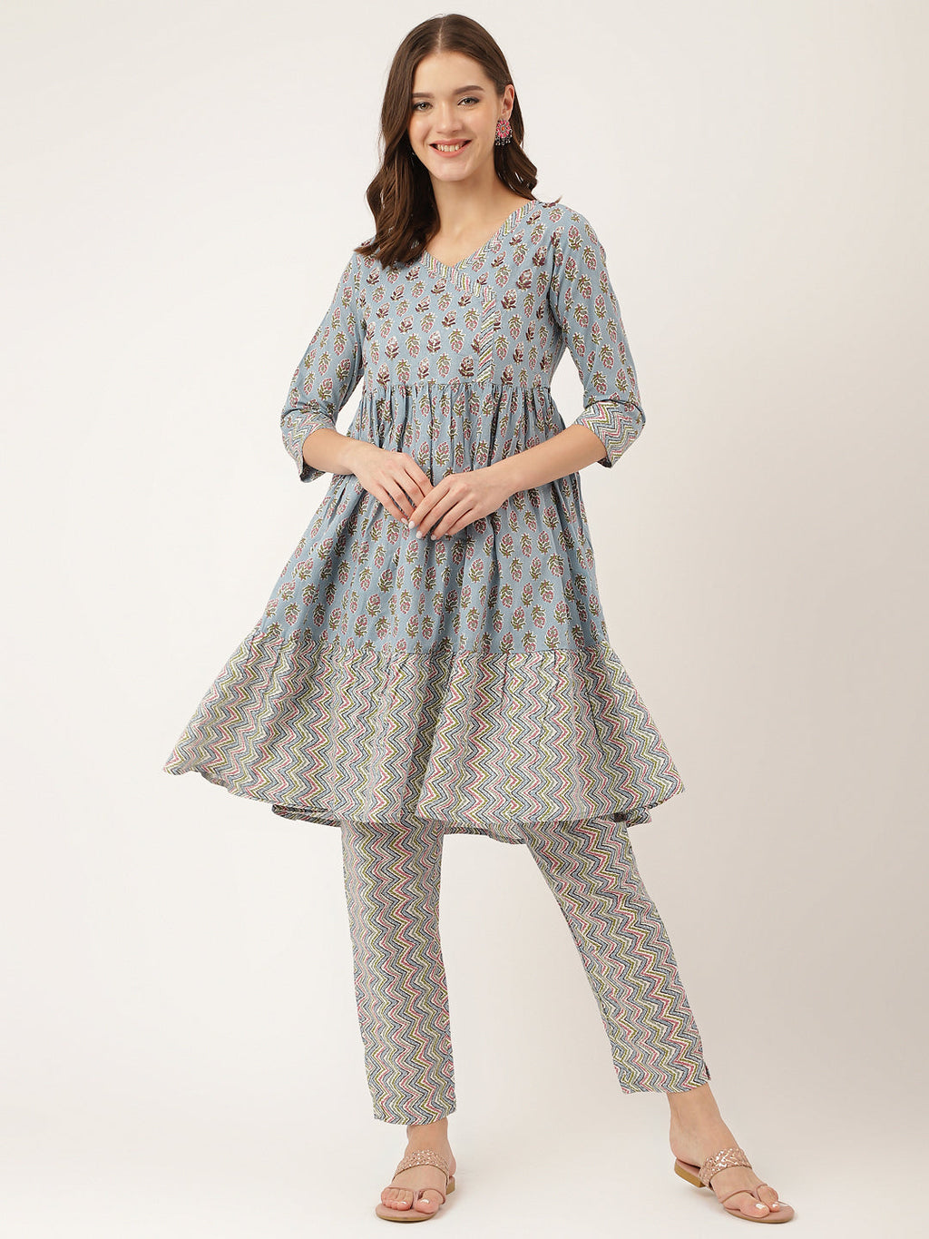 Noe Velarro Sky Blue Hand Block Floral Print Cotton Kurta, Trouser
