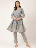 Noe Velarro Sky Blue Hand Block Floral Print Cotton Kurta, Trouser