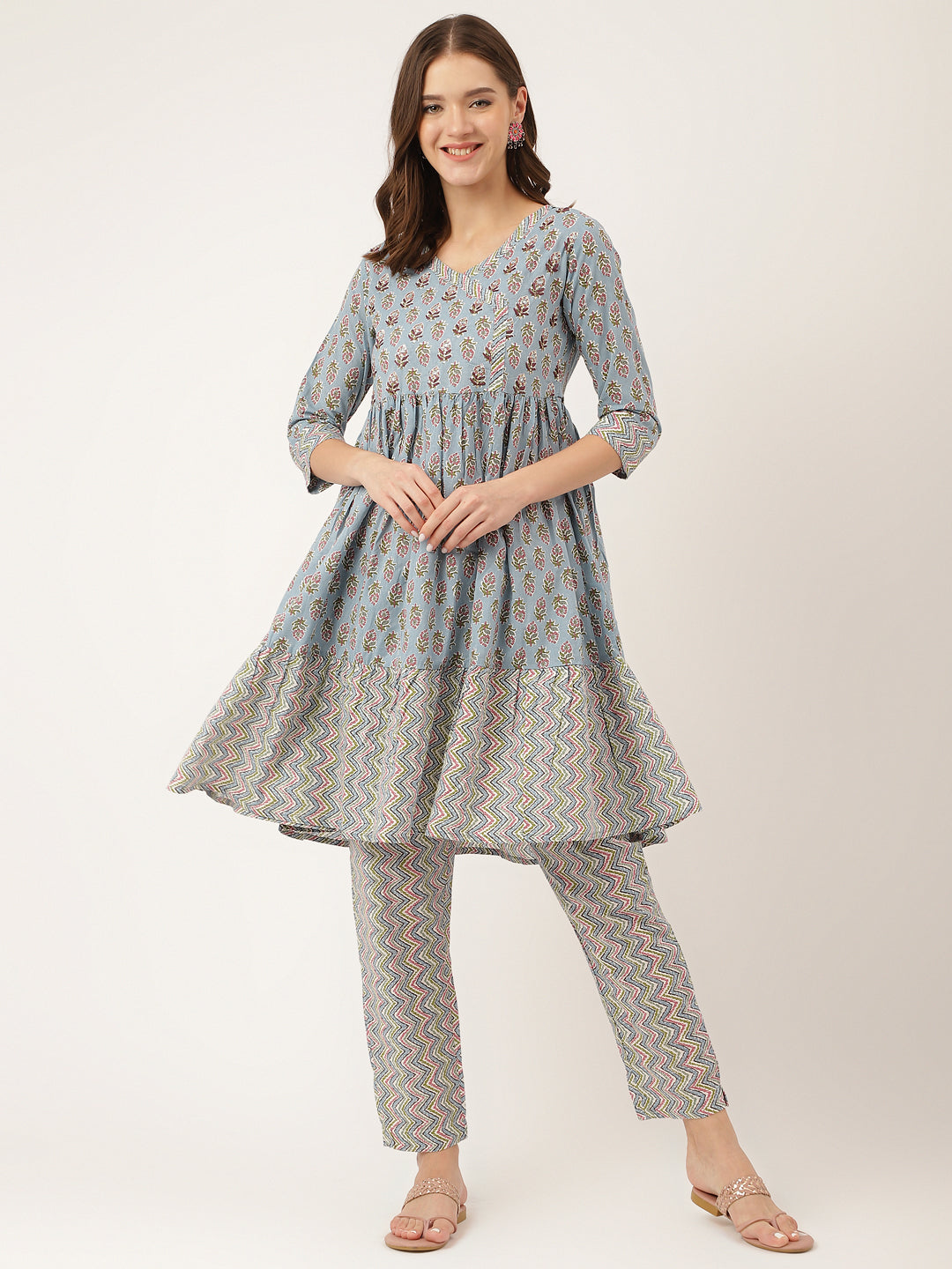 Noe Velarro Sky Blue Hand Block Floral Print Cotton Kurta, Trouser